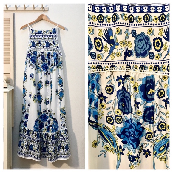 Dresses & Skirts - Blue & Yellow Floral Bird Print Poly Maxi Dress